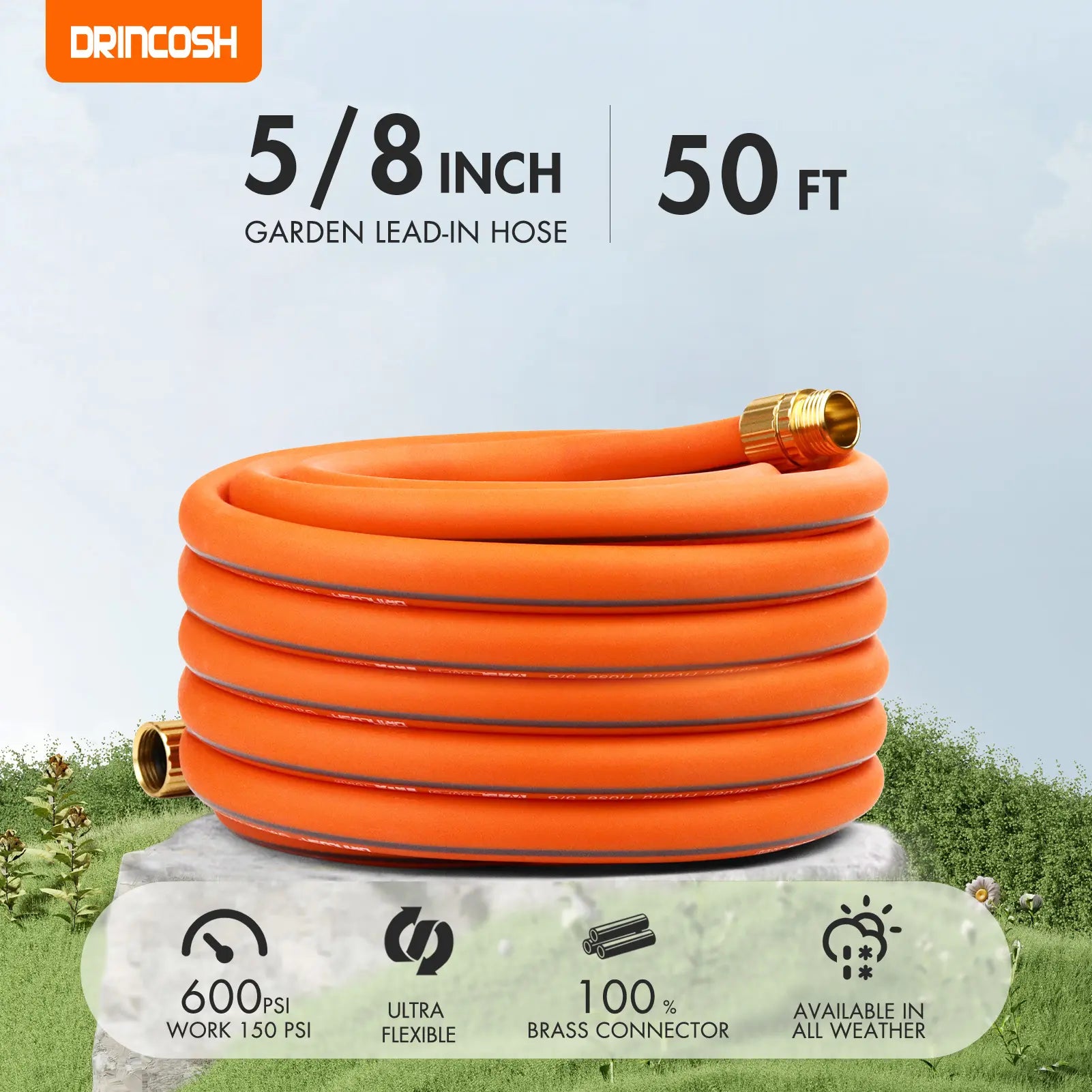 DRINCOSH 50ft 5/8” Heavy-Duty Hose – 600 PSI Burst Pressure with 4-Layer Armor Construction