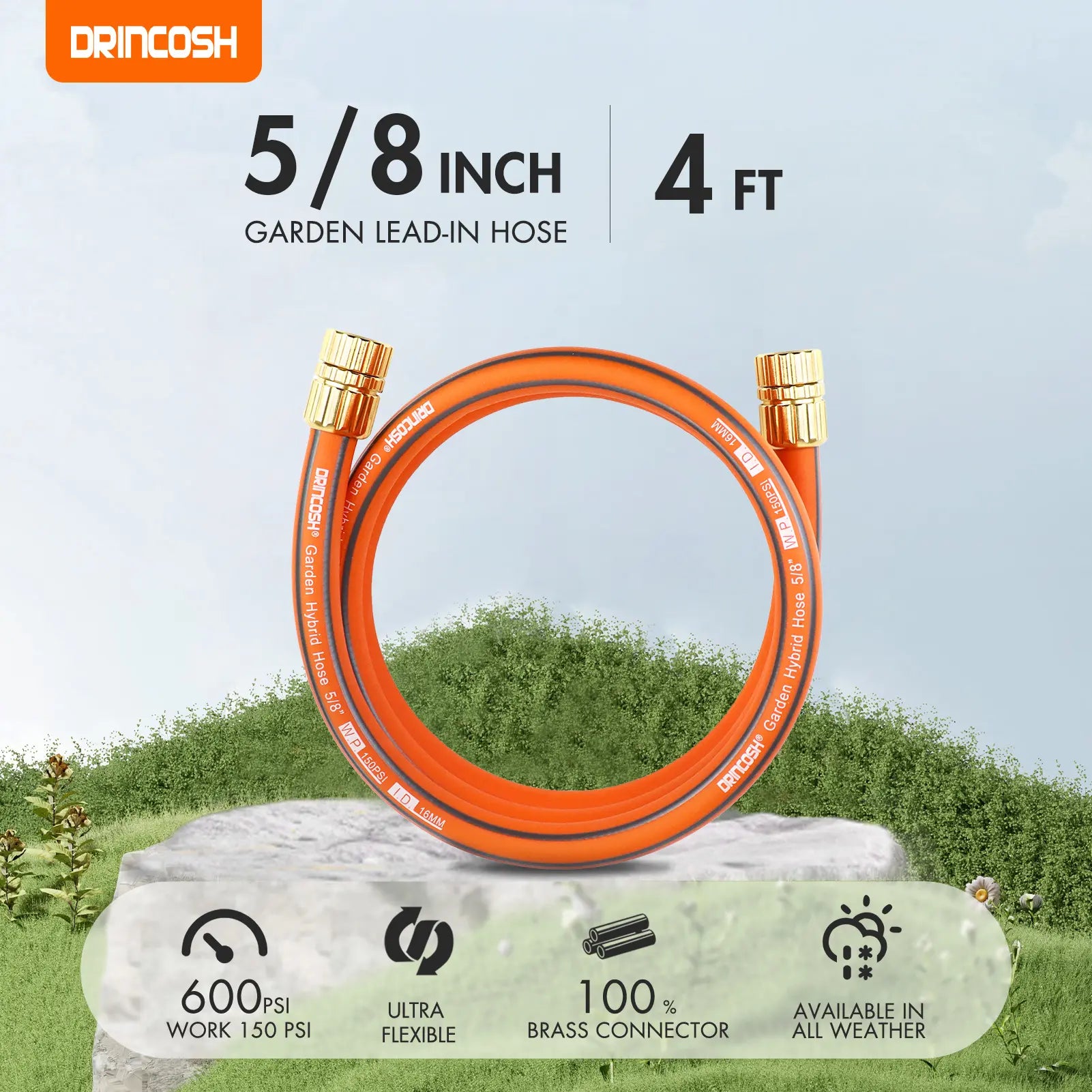 DRINCOSH 4ft 5/8” Heavy-Duty Hose – 600 PSI Burst Pressure with 4-Layer Armor Construction