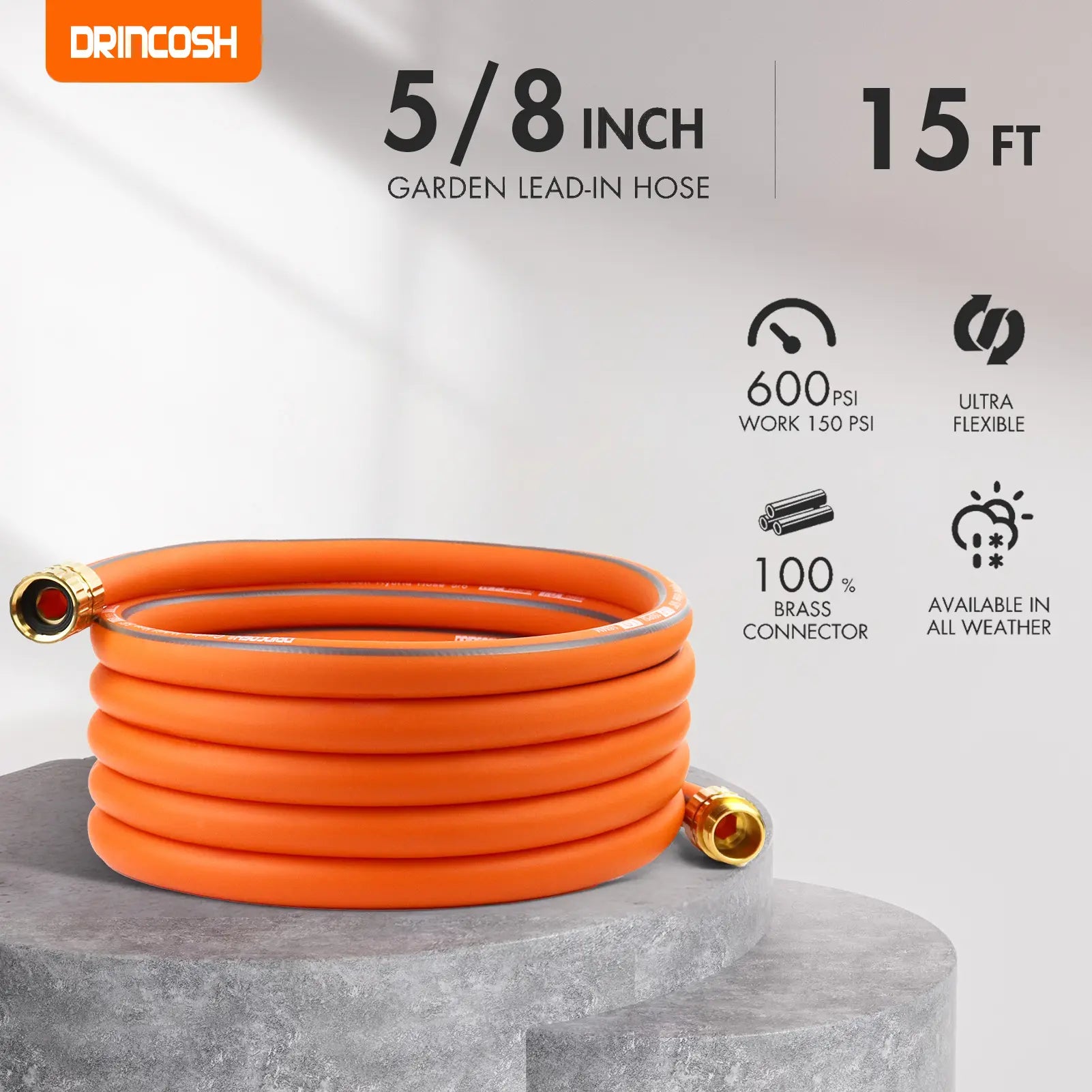 DRINCOSH 15ft 5/8” Heavy-Duty Hose – 600 PSI Burst Pressure with 4-Layer Armor Construction