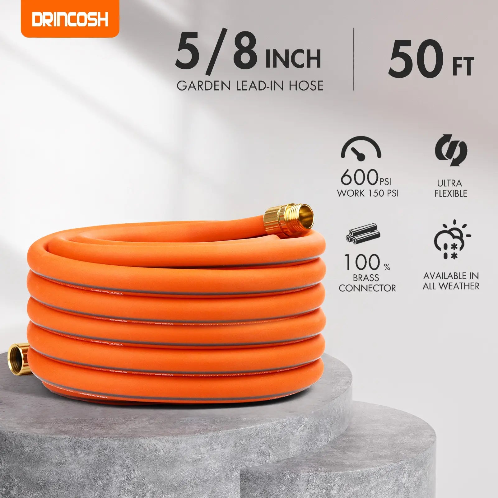 DRINCOSH 50ft 5/8” Heavy-Duty Hose – 600 PSI Burst Pressure with 4-Layer Armor Construction