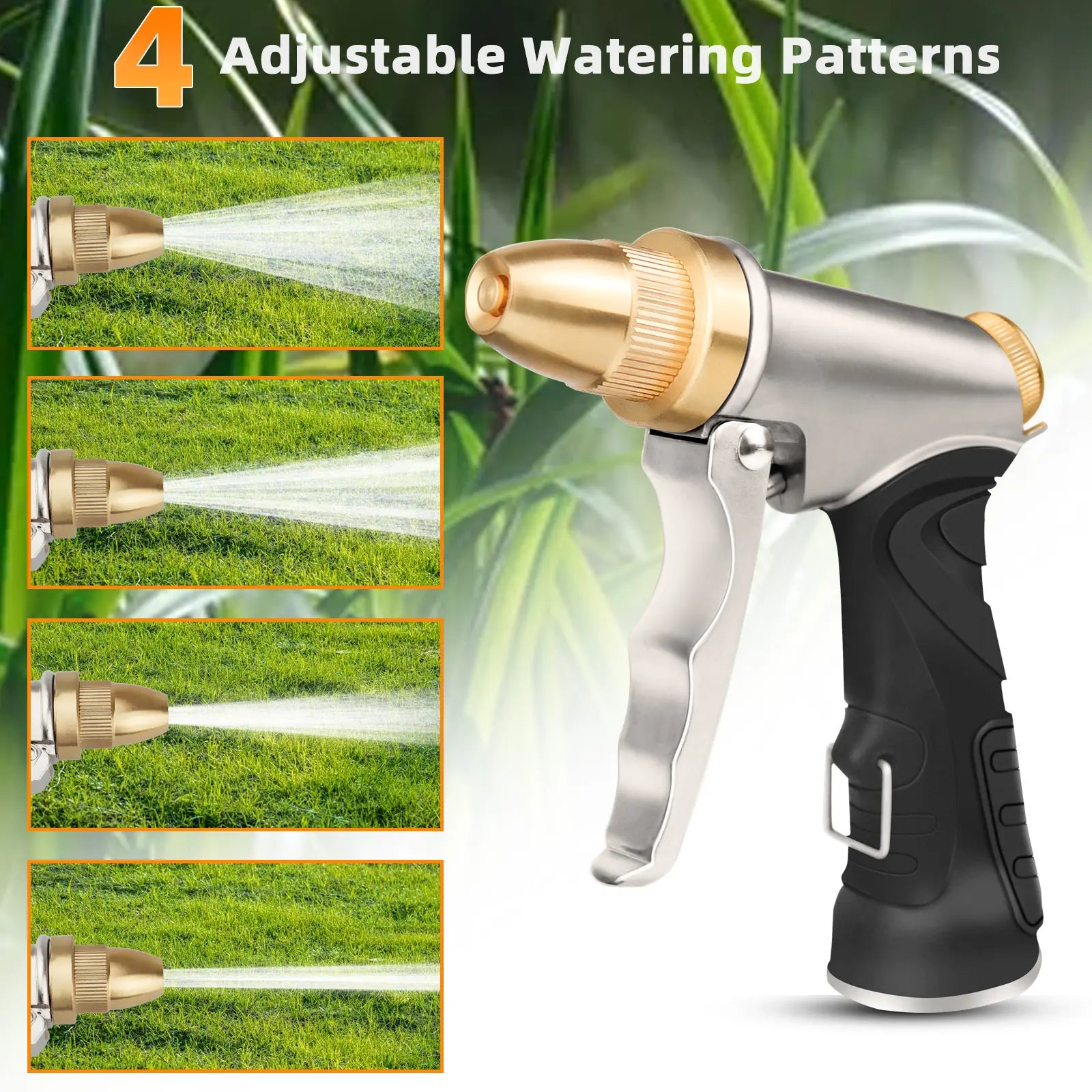 DRINCOSH 4-Pattern Metal Hose Nozzle – Adjustable Jet Stream to Gentle Shower Modes for Lawn & Car Wash