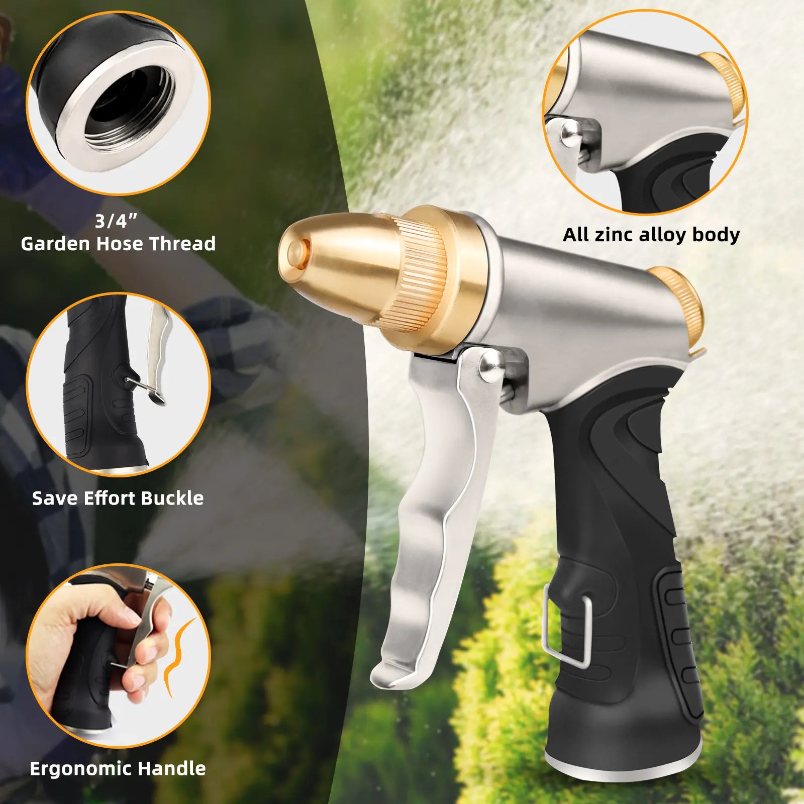 DRINCOSH High-Pressure Hose Nozzle – Leak-Proof 3/4” GH Threads with Dual Silicone Gaskets