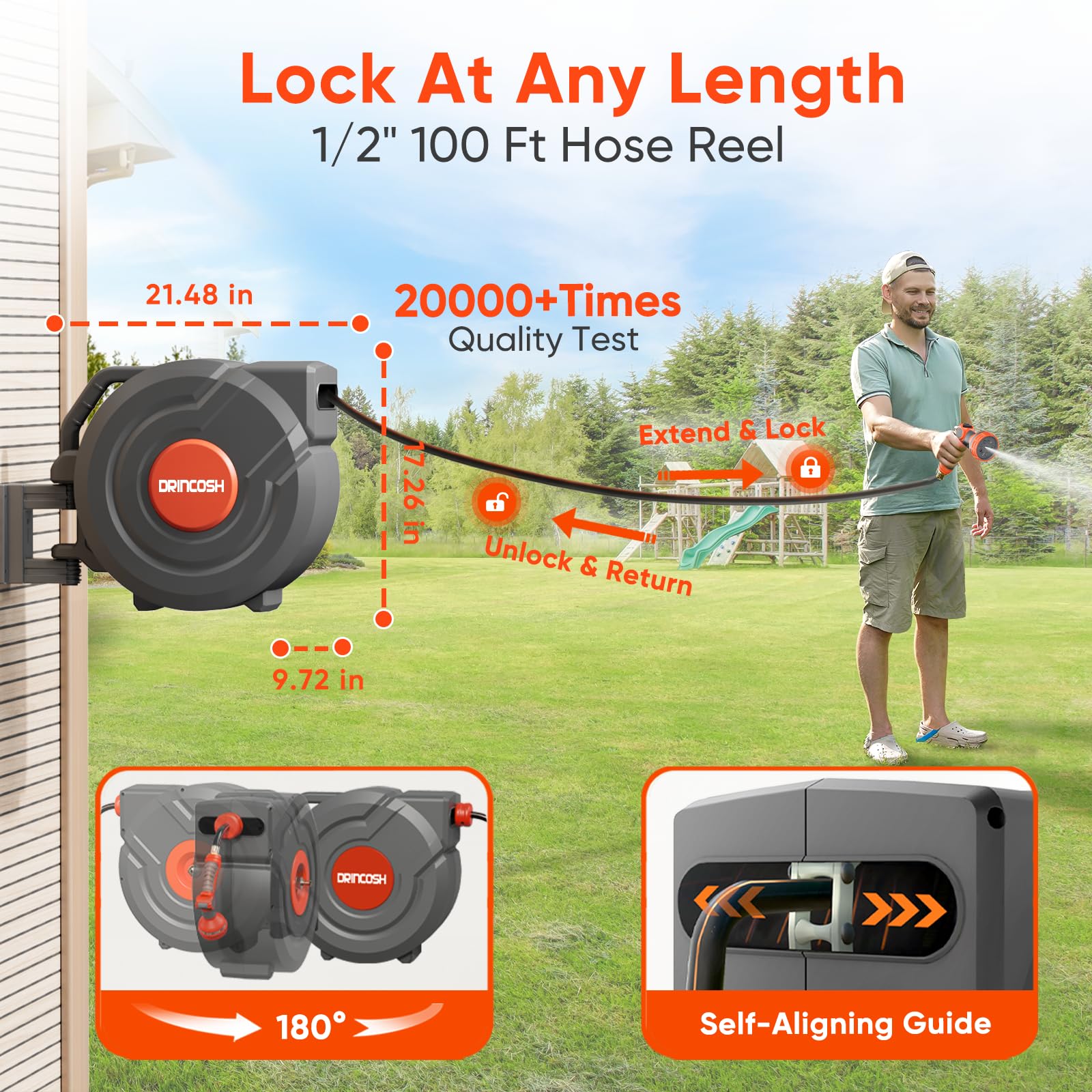 Retractable Garden Hose Reel 100 ft 1/2 inch Automatic Rewind with Any-Length Lock 9 Pattern Sprayer Nozzle 180° Swivel Wall-Mounted Hose Reel for Home Yards
