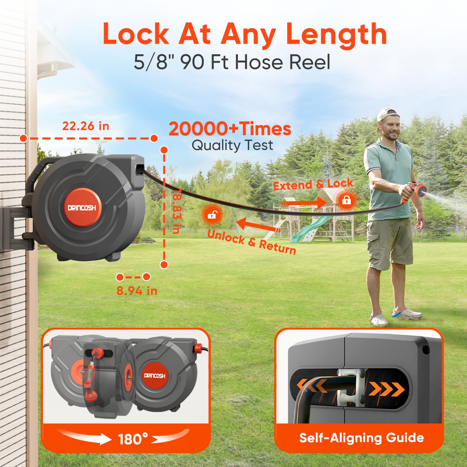 Retractable Garden Hose Reel 90 ft 5/8 inch Automatic Rewind with Any-Length Lock 9 Pattern Nozzle Sprayer 180° Swivel Wall-Mounted Hose Reel for Home Yards