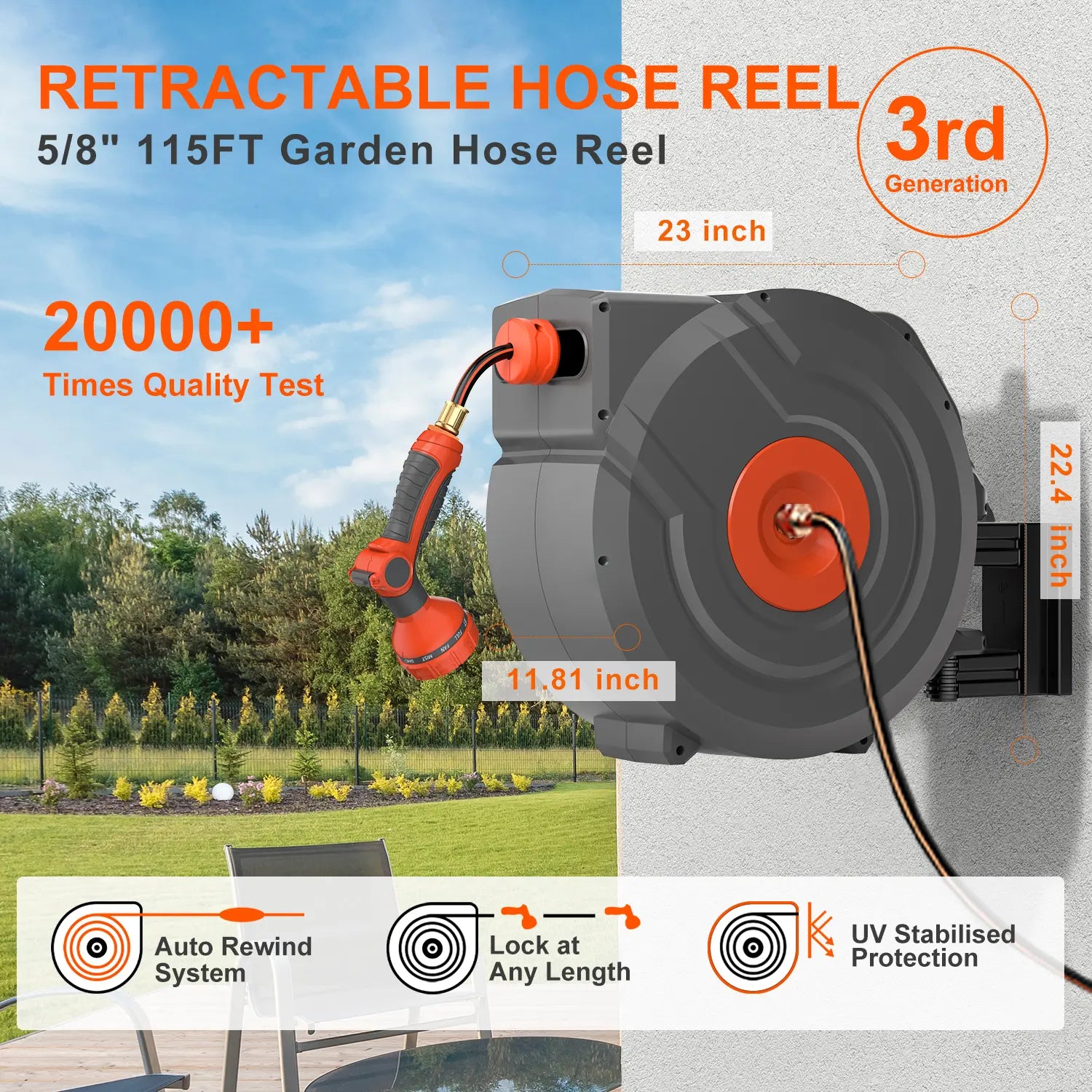 DRINCOSH G505835 Retractable Garden Hose Reel 5/8 in 115ft
