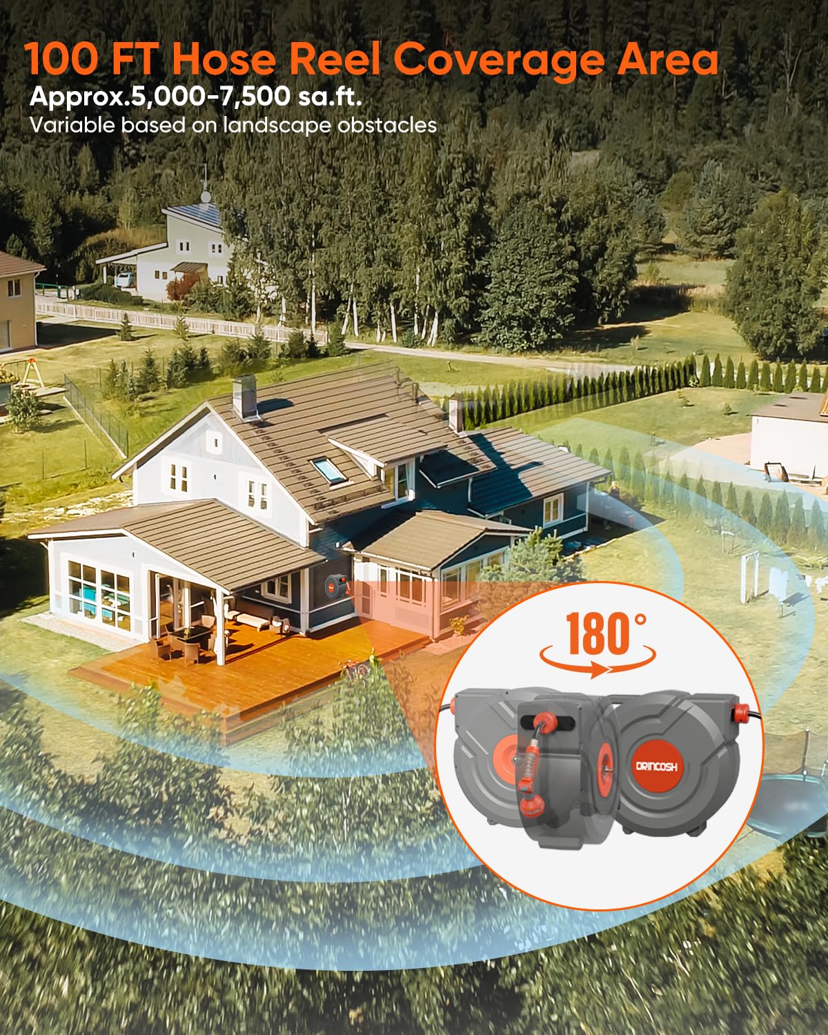 Retractable Garden Hose Reel 100 ft 1/2 inch Automatic Rewind with Any-Length Lock 9 Pattern Sprayer Nozzle 180° Swivel Wall-Mounted Hose Reel for Home Yards