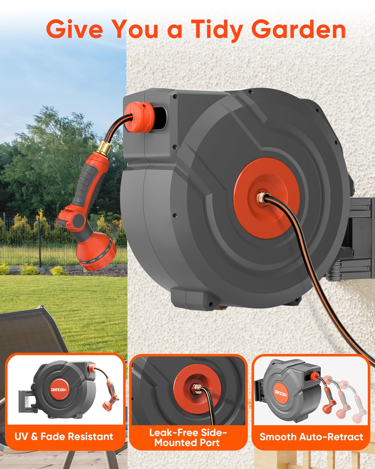Retractable Garden Hose Reel 100 ft 1/2 inch Automatic Rewind with Any-Length Lock 9 Pattern Sprayer Nozzle 180° Swivel Wall-Mounted Hose Reel for Home Yards